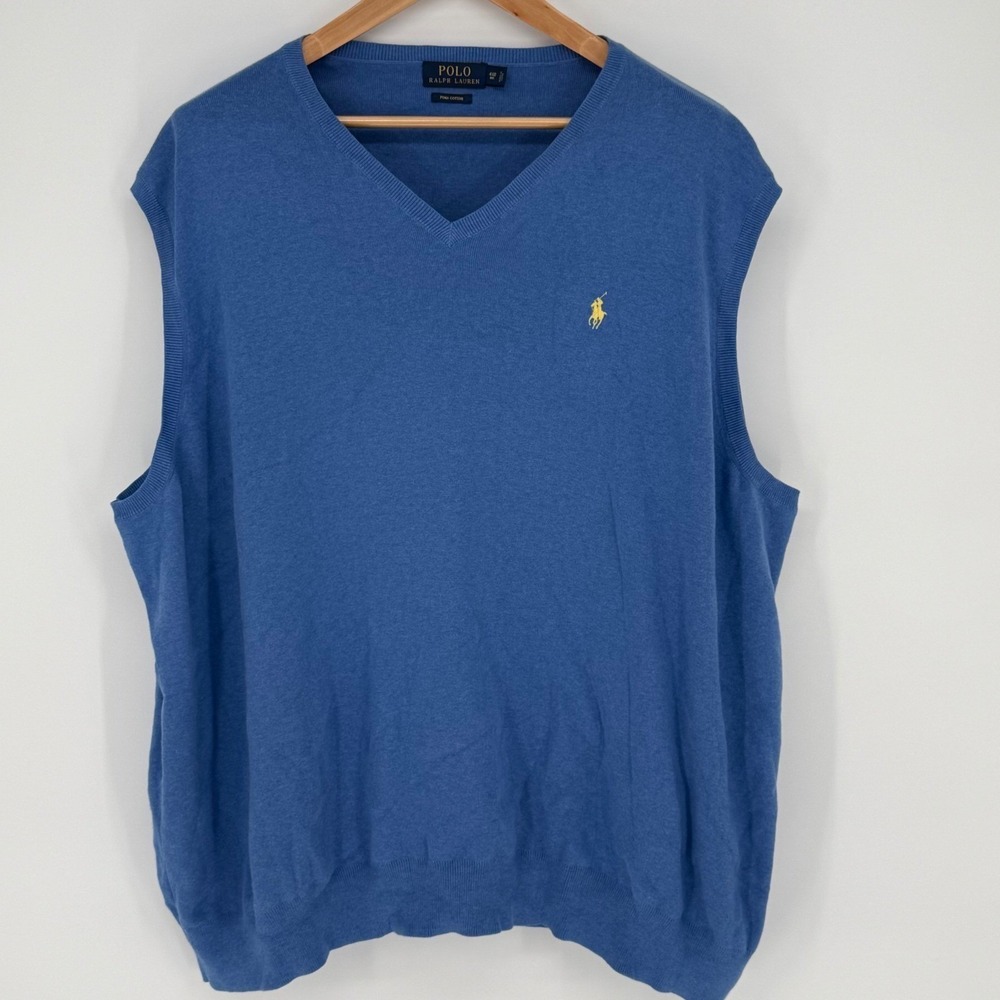 Polo Ralph Lauren Blue Pima Cotton V-Neck Sweater Vest Mens 4XB Big Yellow Pony - Picture 2 of 7